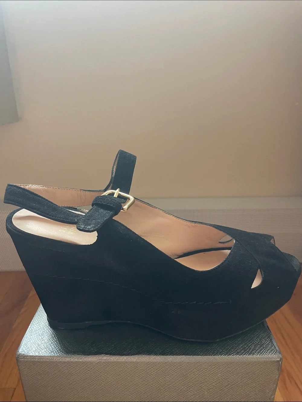 Stuart Weitzman Black Suede Crisscross Slingback Heels